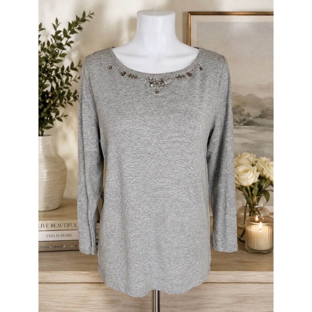 Susan Graver Artisan Gray Long Sleeve Embellished Rhinestone Top Size Large NWT